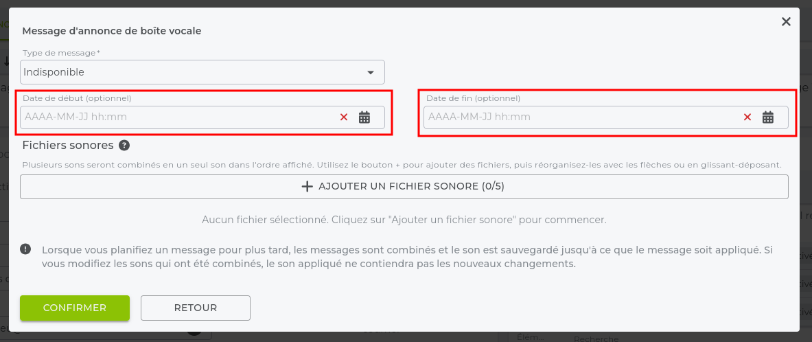Voicemail message planifié