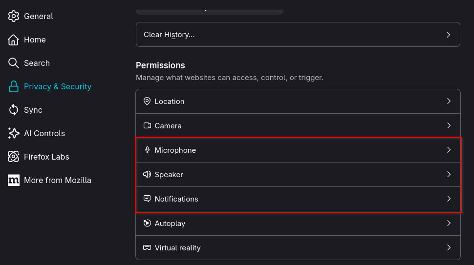 Paramètres du site Firefox
