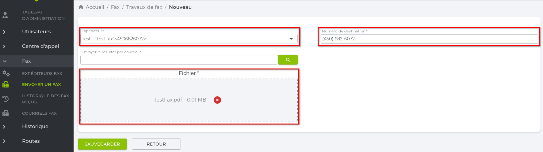 Formulaire d'envoi de fax